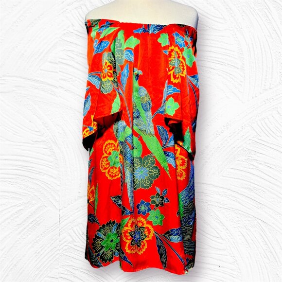 Y2K Designer Joy Han 100% Silk, Floral & Bird Print Red Dress - Picture 2 of 11